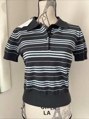 English Factory Grey and Light Blue Striped Polo Woman's Size Small